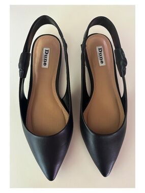 Dune London Heighten Black Leather Slingback Flats, Size 39 / 8.5 US